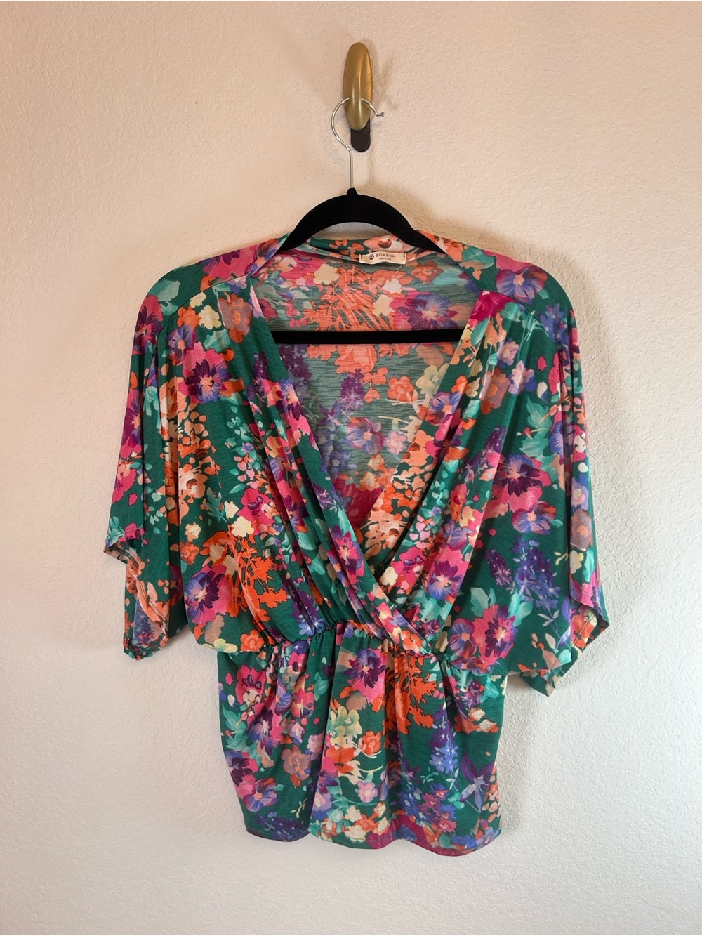BomBom Floral Surplice Flutter Sleeve Top peplum cottagecore casual size Large